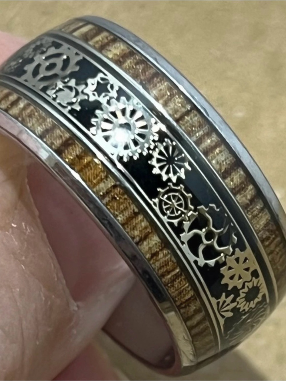 Men's Brown Wood Inlay Stainless Steel Ring with Gear Accent